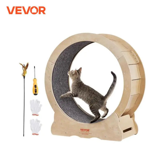 "Roue d'Exercice en Bois Naturel pour Chat - Tapis Amovible et Roulement Silencieux"