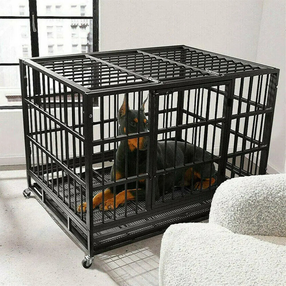 Cage pour Chien Ultra-Résistante avec Roulettes, 3 Portes et Plateau Amovible