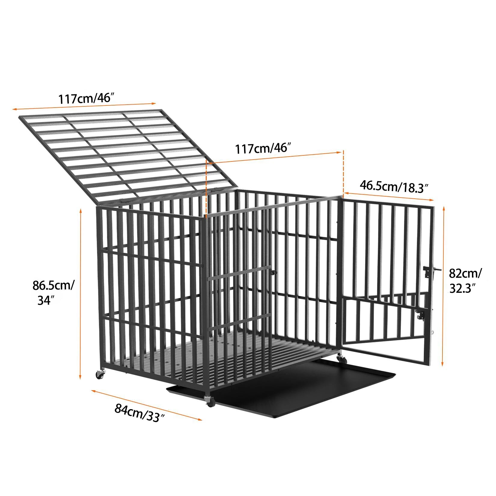 Cage pour Chien Ultra-Résistante avec Roulettes, 3 Portes et Plateau Amovible