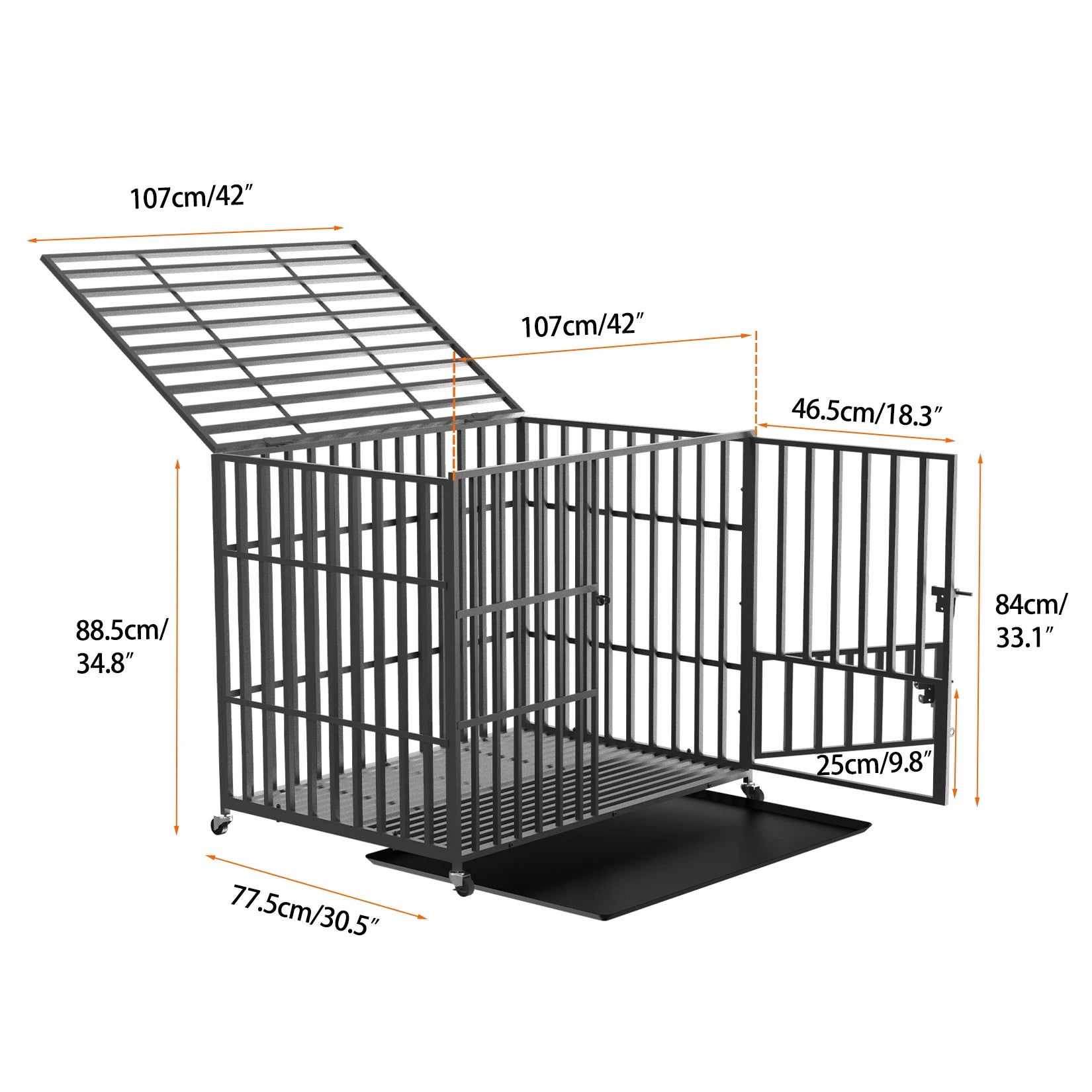 Cage pour Chien Ultra-Résistante avec Roulettes, 3 Portes et Plateau Amovible