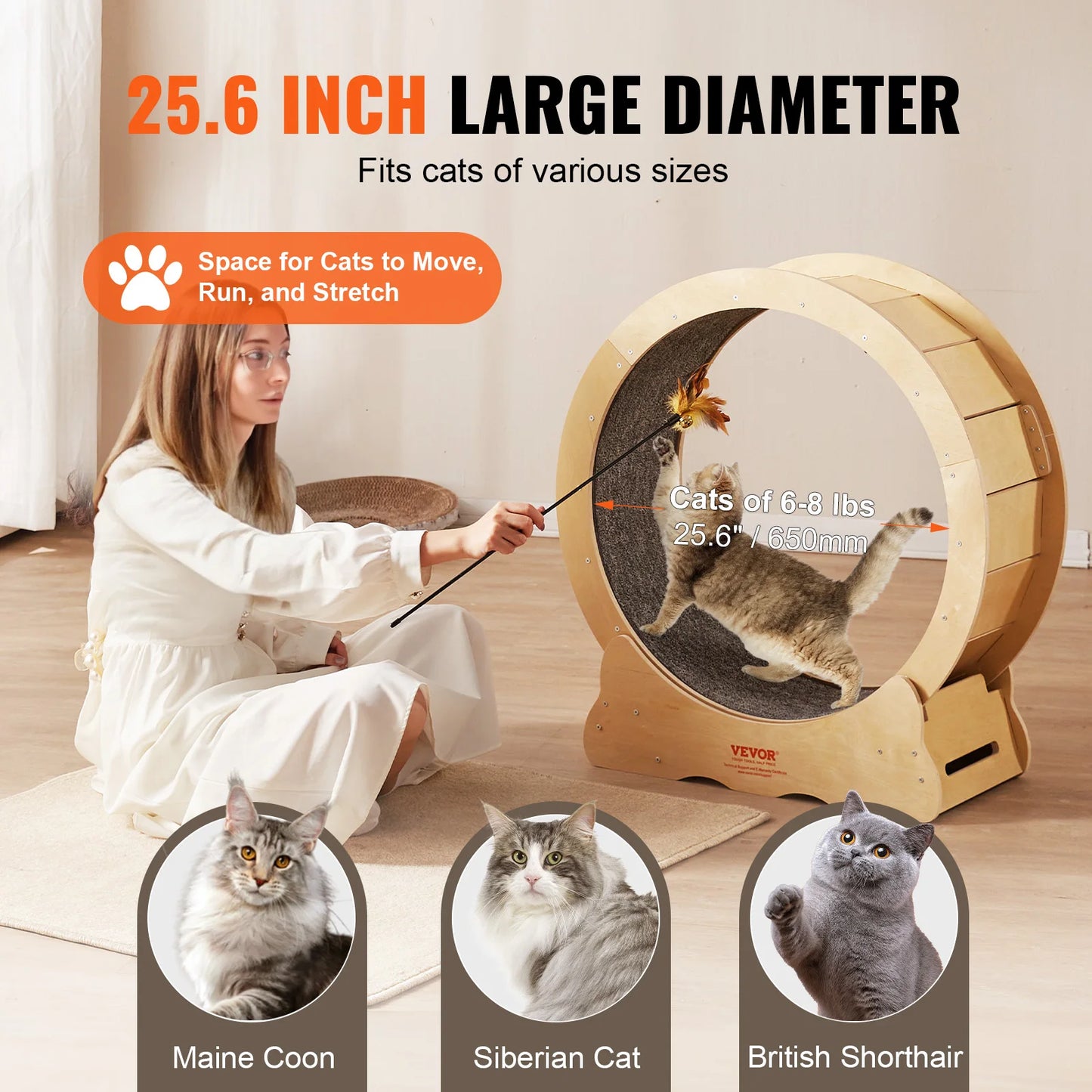 "Roue d'Exercice en Bois Naturel pour Chat - Tapis Amovible et Roulement Silencieux"